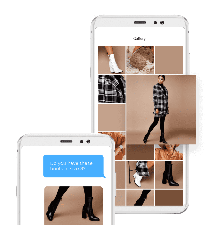 Mobile phone screen on the right displaying a collage of a woman in a checked coat and black boots and close up images of boots and coats and a mobile phone screen on the lower left of a series of text messages featuring the black boots
